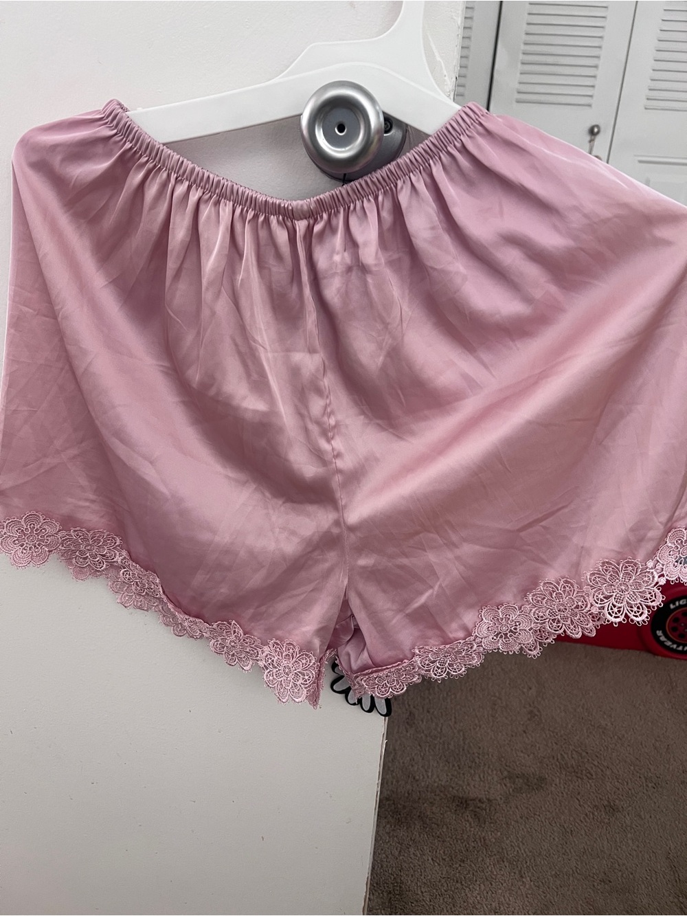 Pink Lace-Trim Satin Shorts